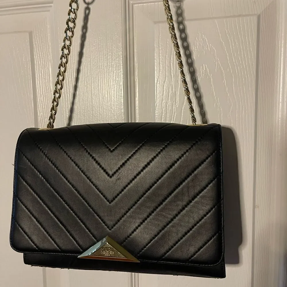 Karl Lagerfeld Purse Womens Black Quilted Shoulder Bag Gold tone Chain Strap